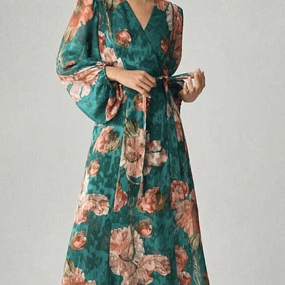 Anthropologie Hutch Lindie V-Neck Maxi Wrap Dress Puff Bishop Sleeves Small - Picture 3 of 11
